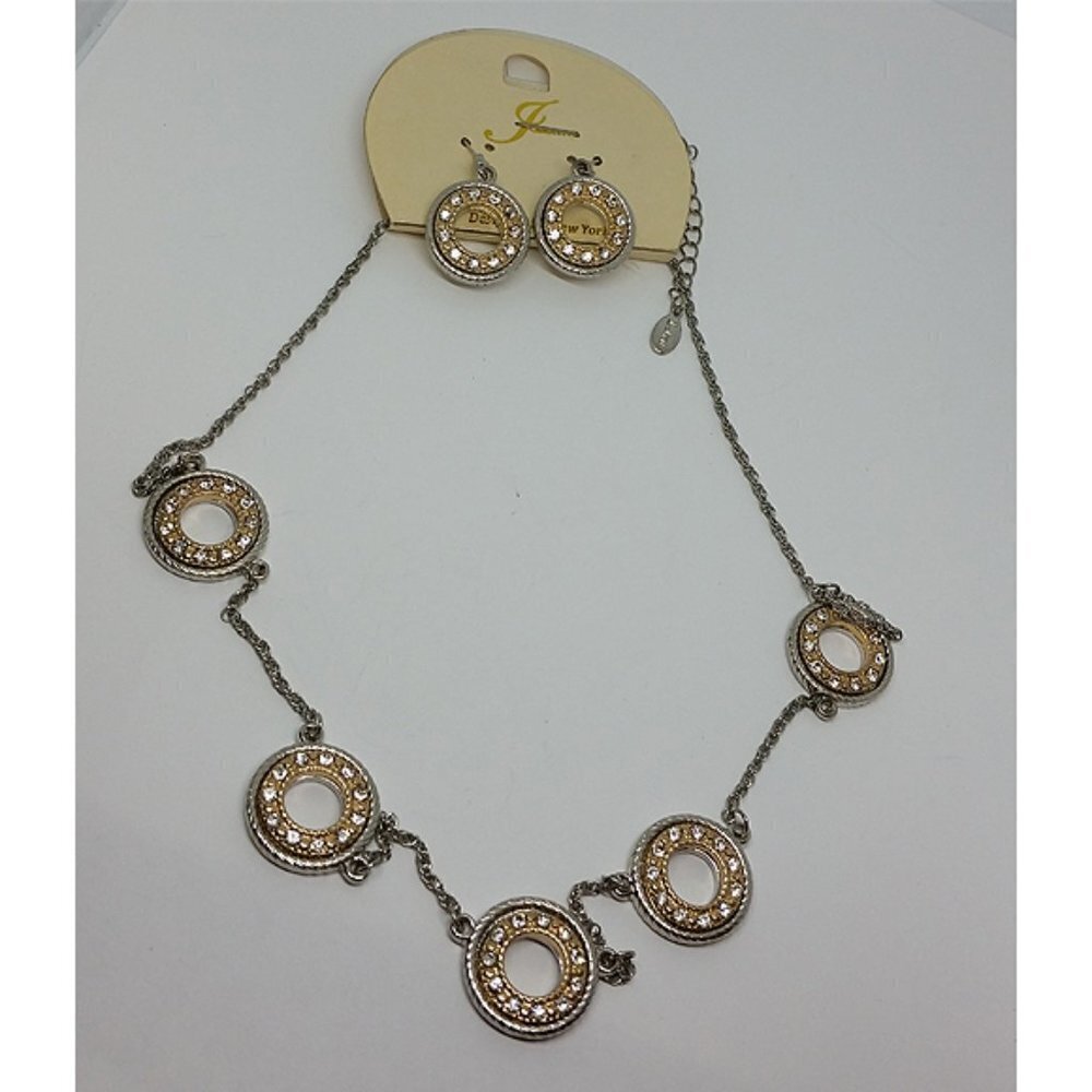 NEW gold tone glam style circle stations jewelry set chain necklace and earrings